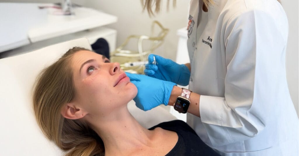 Patientin und Beauty2Go Ärztin während einer Polynukleotid-Behandlung für einen frischen Skin Reset im Herbst